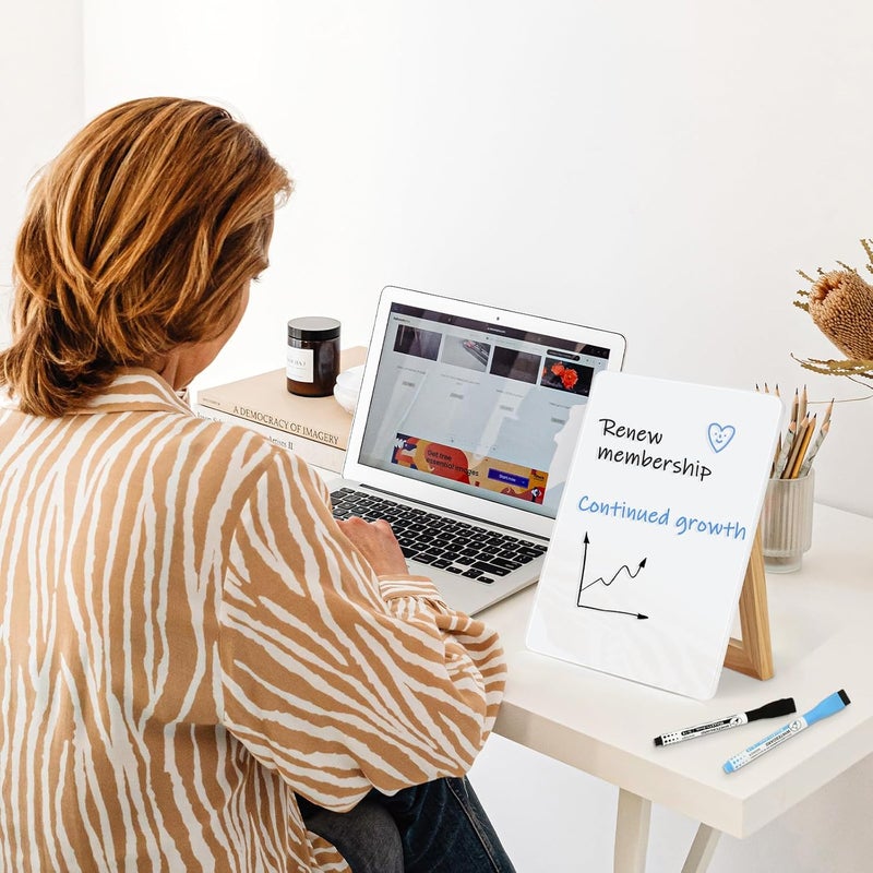 WALGLASS لوحة زجاجية بيضاء مكتبية 9.5" × 6.7" مع حامل خشبي قابل للعكس، لوحة جافة محمولة، سبورة بيضاء صغيرة للمكتب، دفتر ملاحظات قابل لإعادة الاستخدام مع 2 قلم وممحاة للاستخدام المنزلي والمكتبي - Image 5